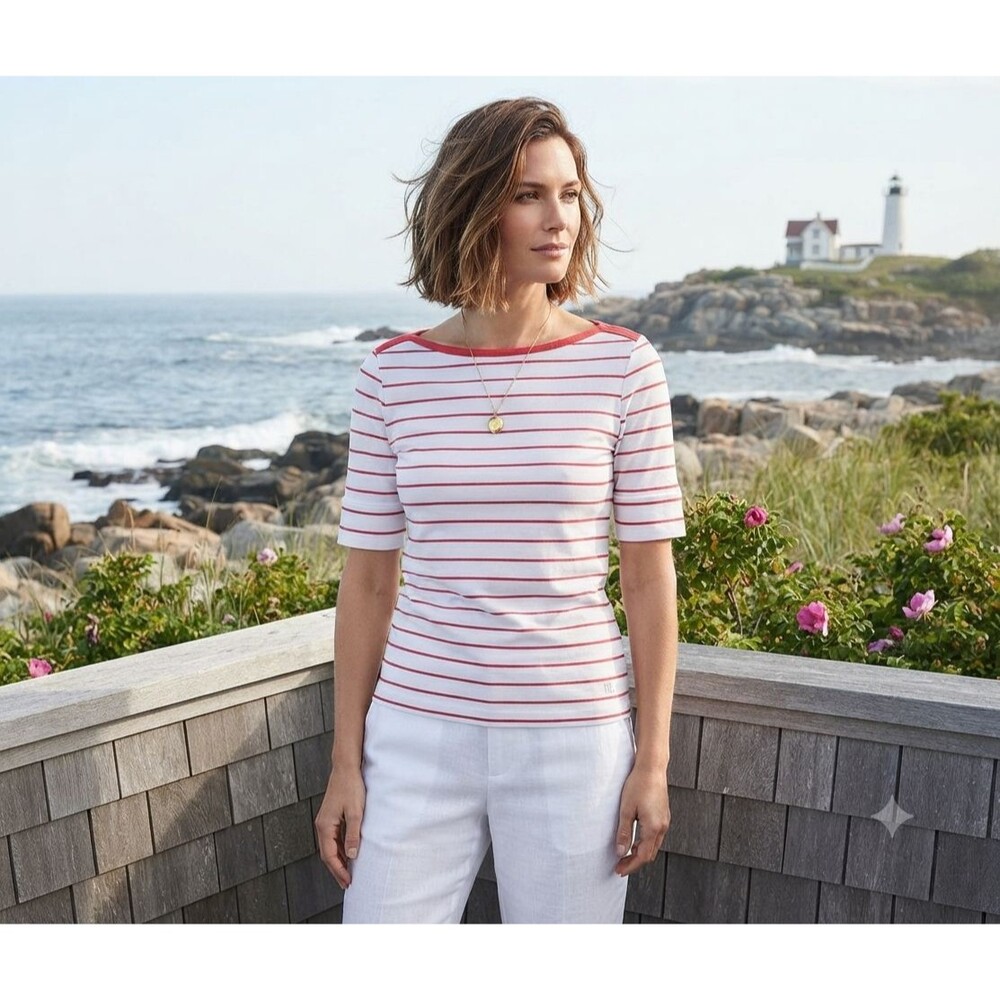 Lauren Ralph Lauren Women’s L Red White Striped Boatneck Elbow Sleeve Top Preppy